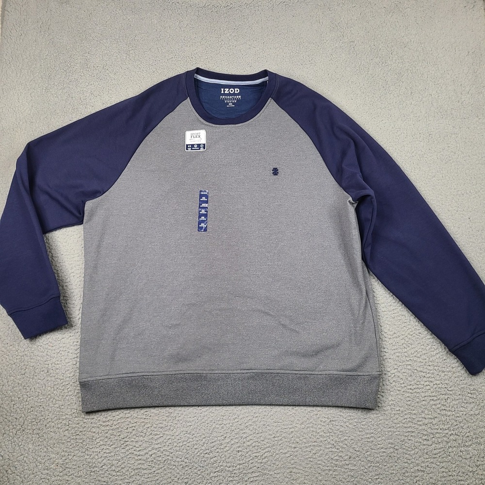 IZOD Sweatshirt Men XXL Raglan Colorblock Gray Navy Blue Fleece Pullover Stretch